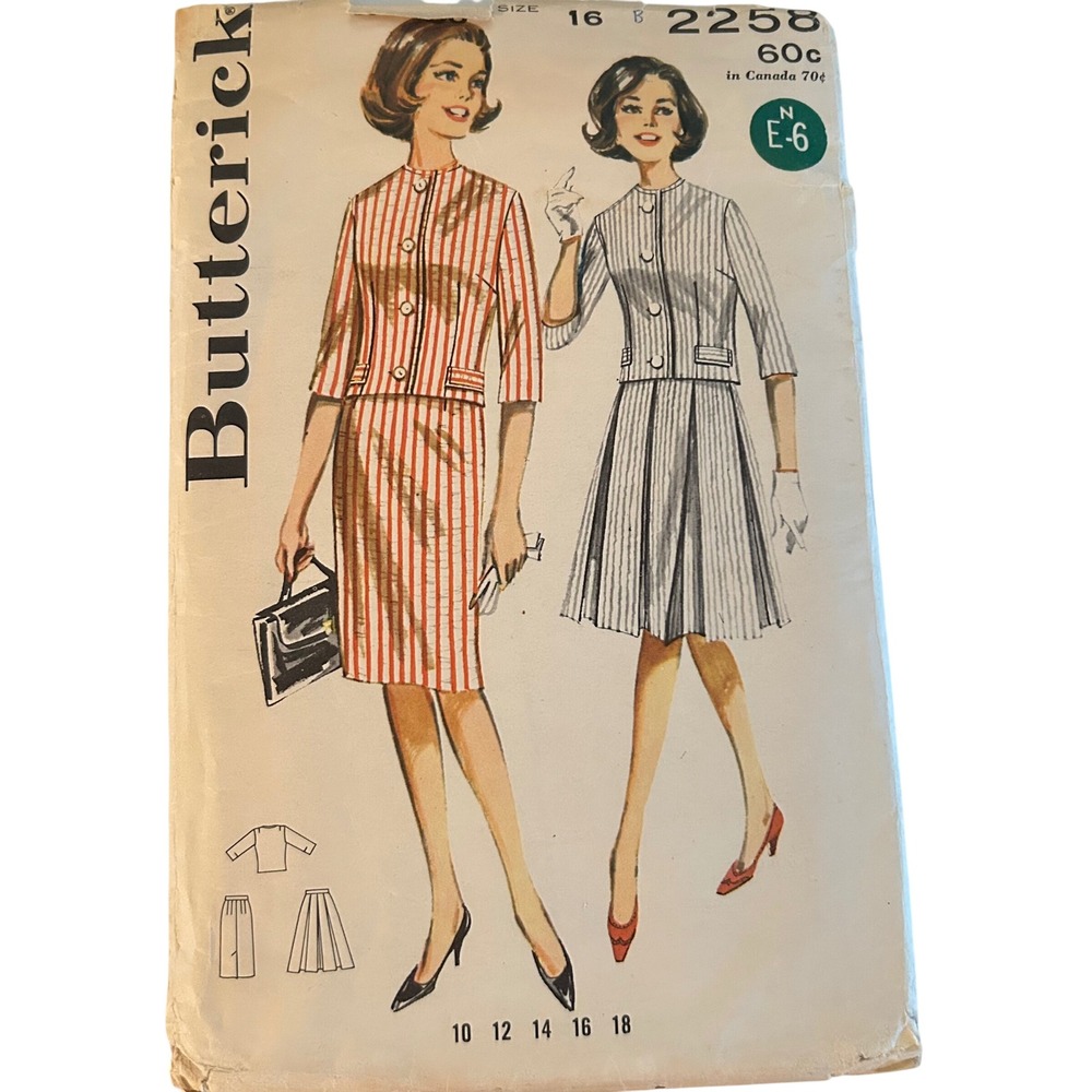Butterick Sewing Pattern 2258 Misses Size 16 Pink Vintage 1960s Jacket Skirt Set